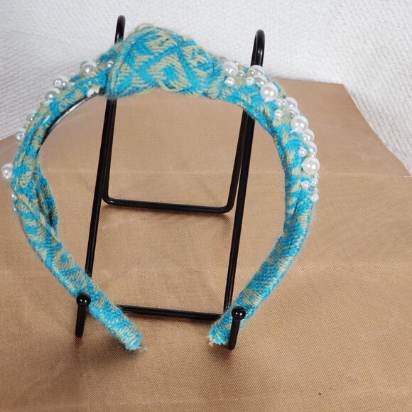 Handmade Poly Turquoise Sweater Material White Faux Pearl Embellished Headband - Picture 9 of 16